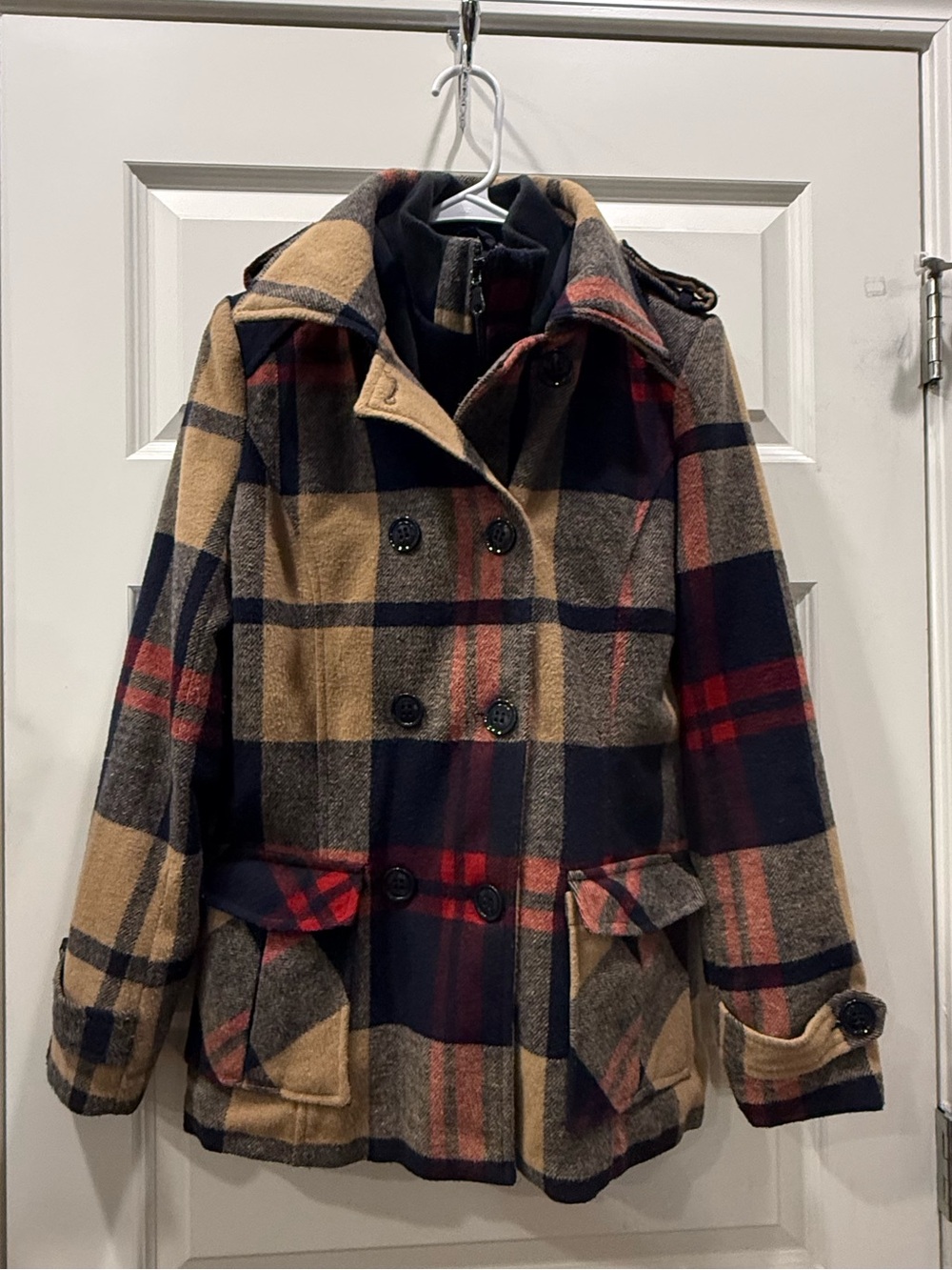 Altar'd State Plaid Pea Coat in Tan, Navy & Red
